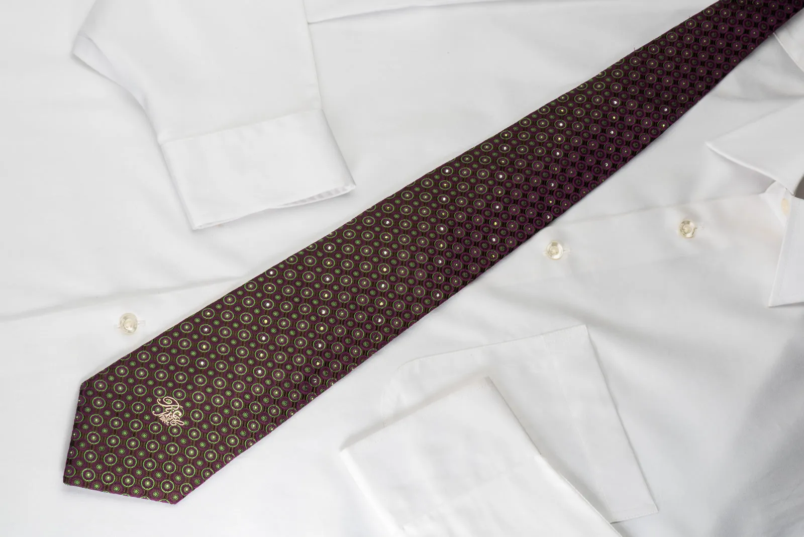 Nina Ricci Silk Necktie Green Purple Dots On Purple With Rhinestones