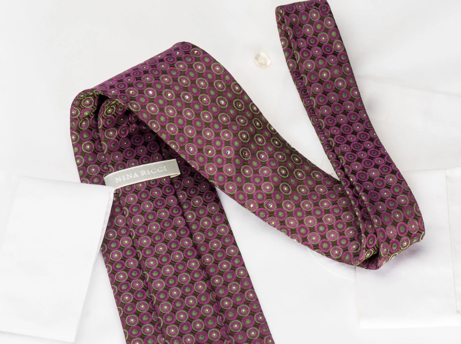 Nina Ricci Silk Necktie Green Purple Dots On Purple With Rhinestones