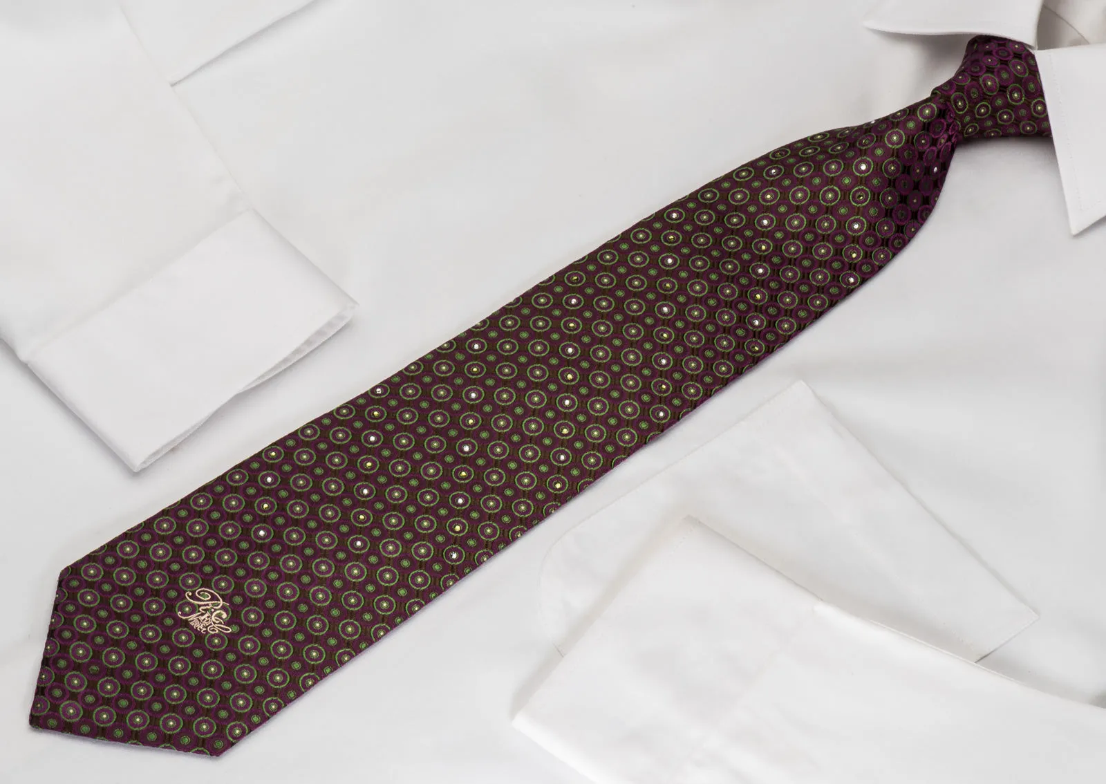 Nina Ricci Silk Necktie Green Purple Dots On Purple With Rhinestones