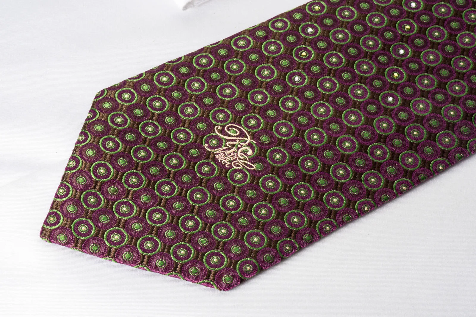 Nina Ricci Silk Necktie Green Purple Dots On Purple With Rhinestones