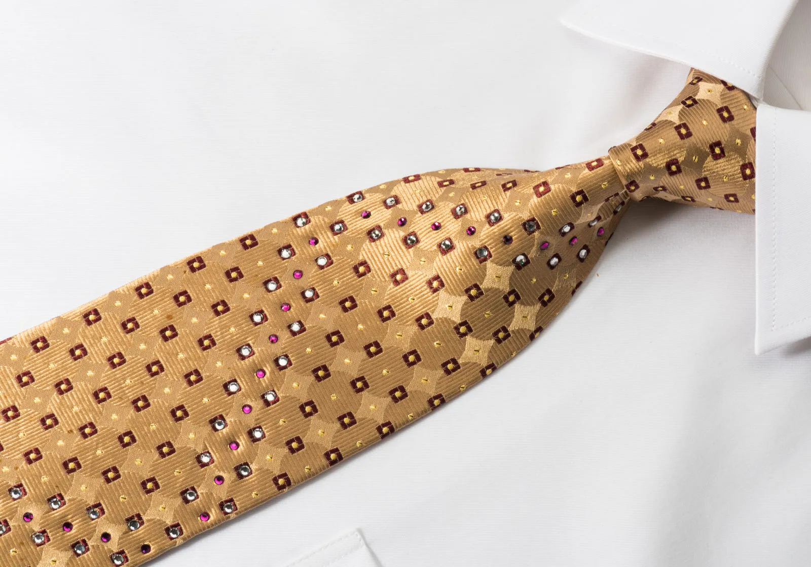 Nina Ricci Silk Rhinestone Necktie Golden Geometric Design With Sparkles