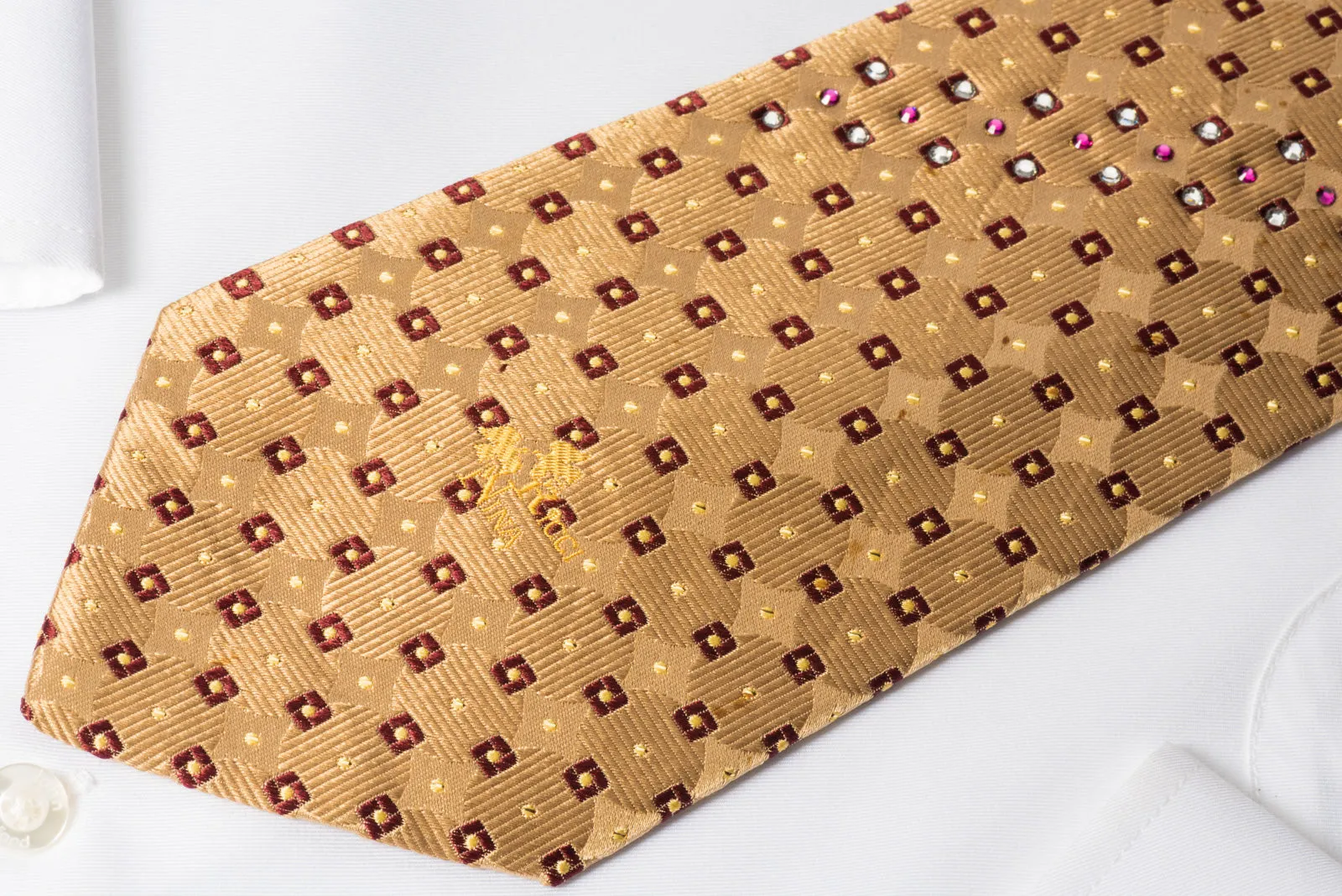 Nina Ricci Silk Rhinestone Necktie Golden Geometric Design With Sparkles