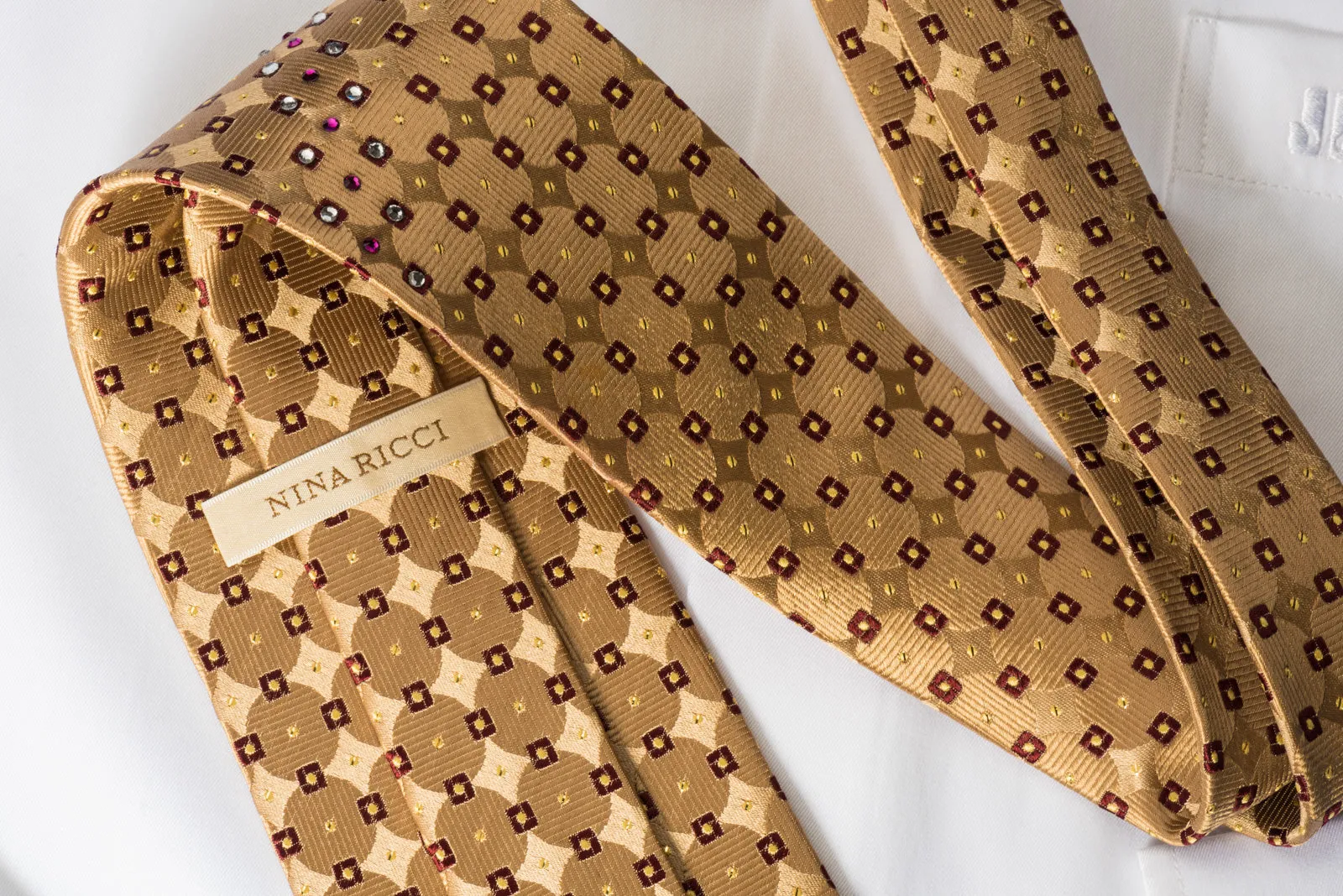 Nina Ricci Silk Rhinestone Necktie Golden Geometric Design With Sparkles