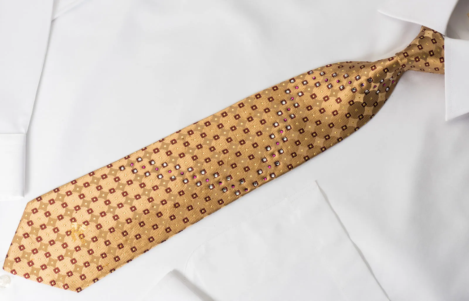 Nina Ricci Silk Rhinestone Necktie Golden Geometric Design With Sparkles