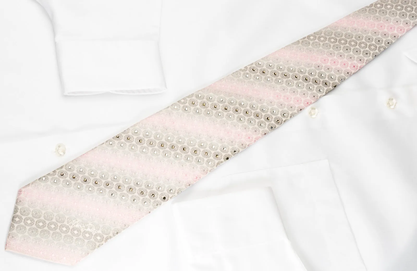 Nina Ricci Silk Tie Pink Silver Geometric On White With Crystal Rhinestones