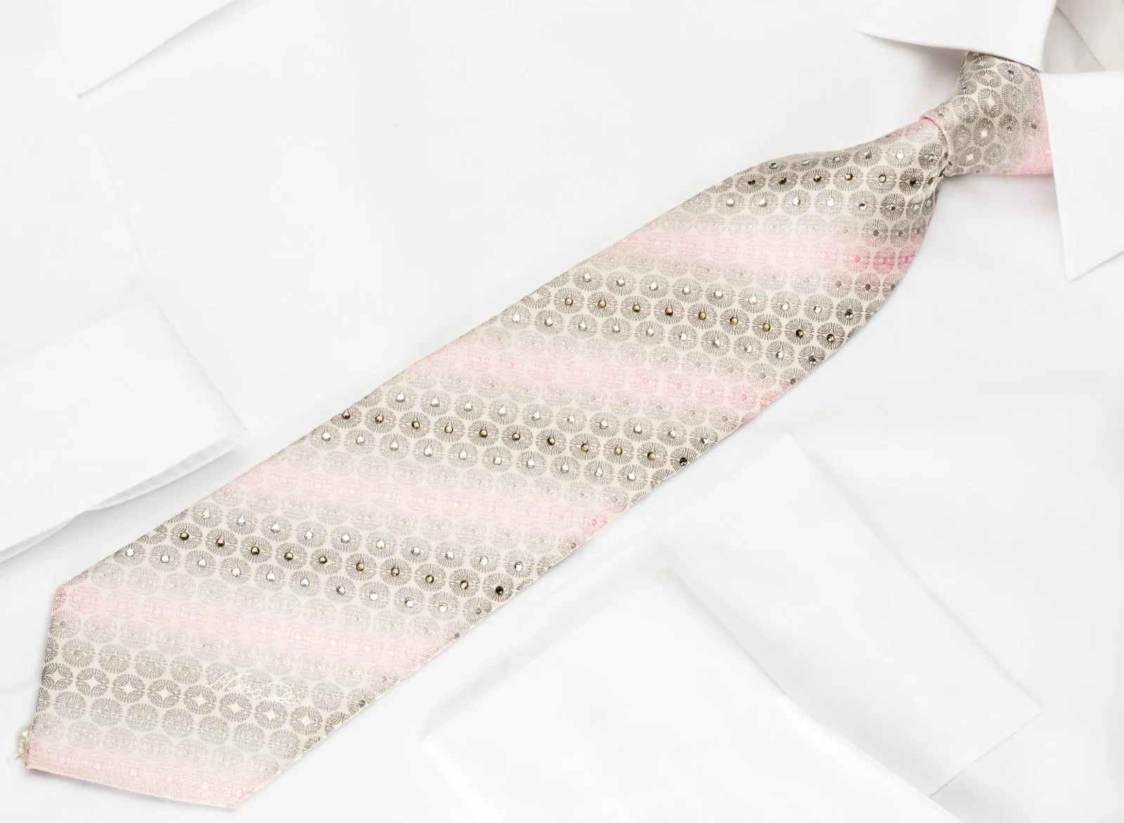 Nina Ricci Silk Tie Pink Silver Geometric On White With Crystal Rhinestones