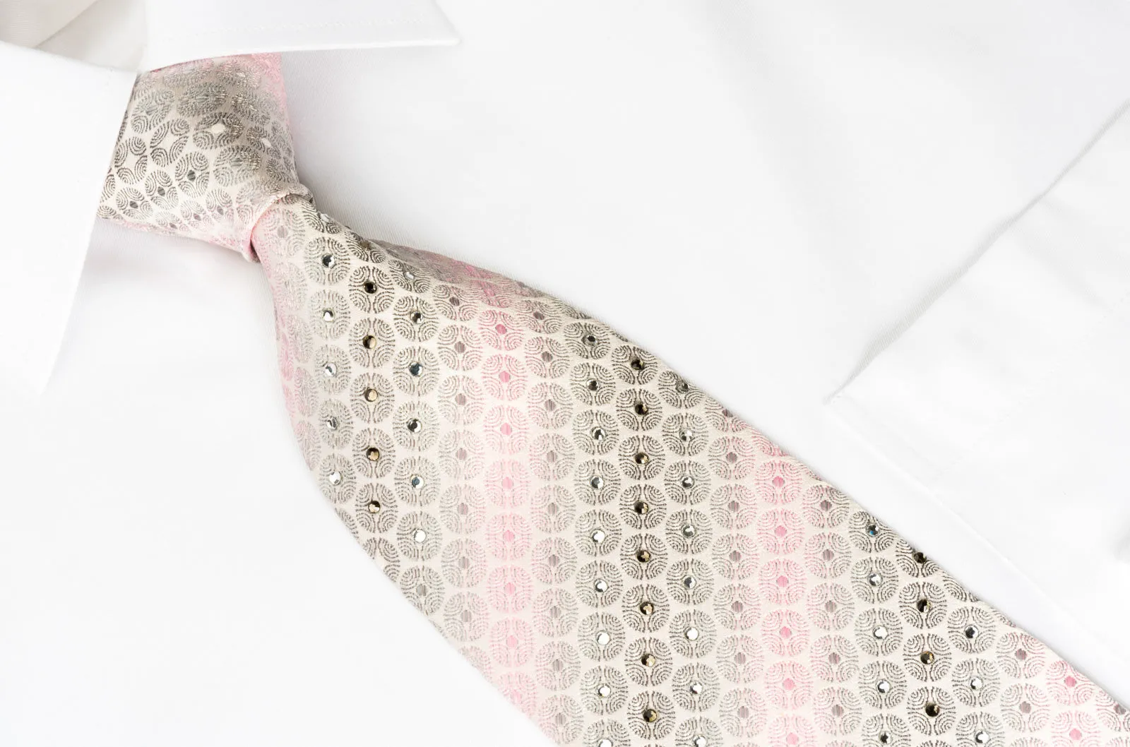 Nina Ricci Silk Tie Pink Silver Geometric On White With Crystal Rhinestones