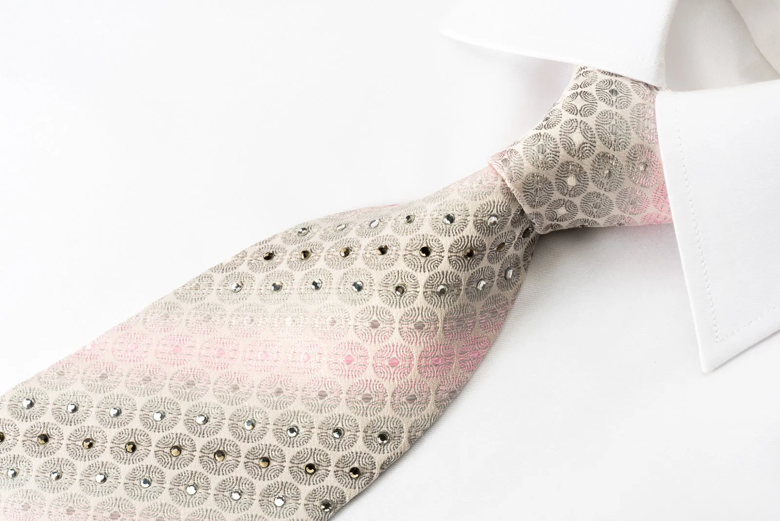 Nina Ricci Silk Tie Pink Silver Geometric On White With Crystal Rhinestones