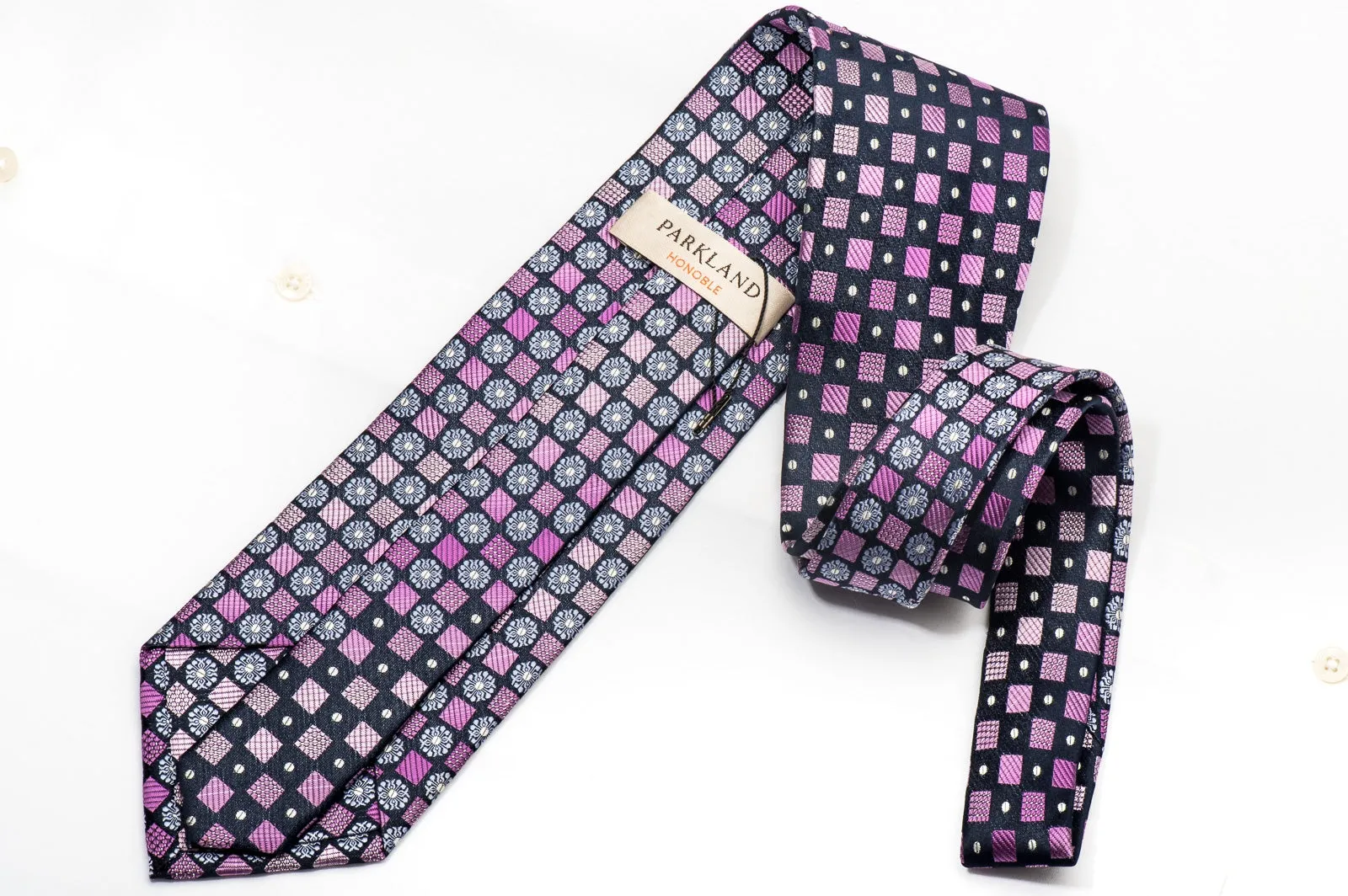 Park Land Mens Rhinestone Silk Necktie Pink Checkered On Blue With Silver Sparkles