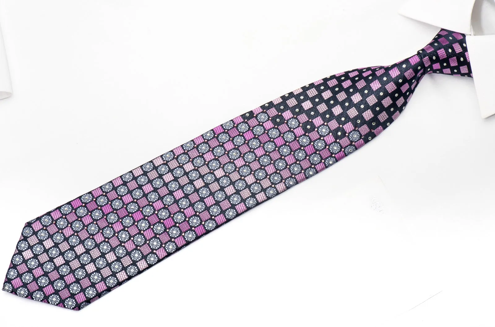 Park Land Mens Rhinestone Silk Necktie Pink Checkered On Blue With Silver Sparkles