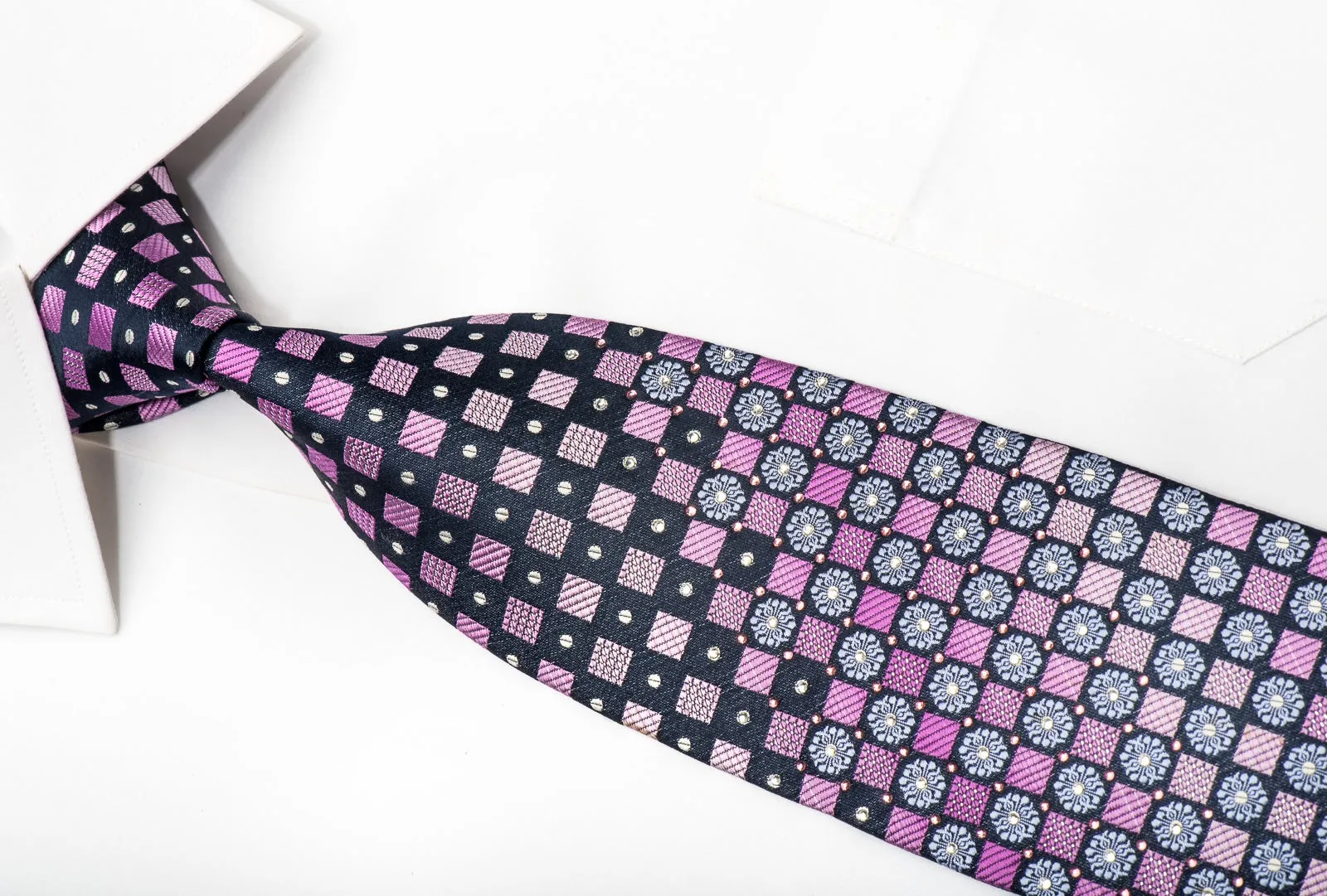 Park Land Mens Rhinestone Silk Necktie Pink Checkered On Blue With Silver Sparkles