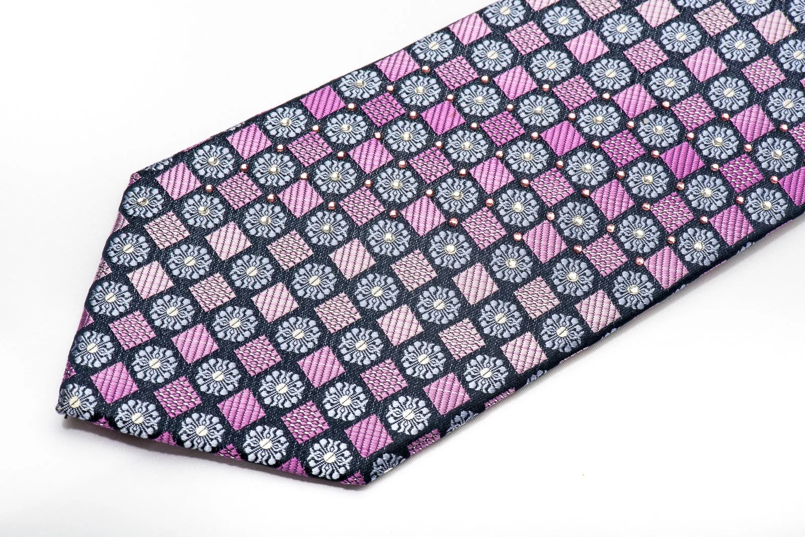 Park Land Mens Rhinestone Silk Necktie Pink Checkered On Blue With Silver Sparkles