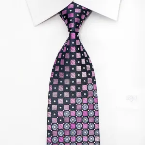 Park Land Mens Rhinestone Silk Necktie Pink Checkered On Blue With Silver Sparkles