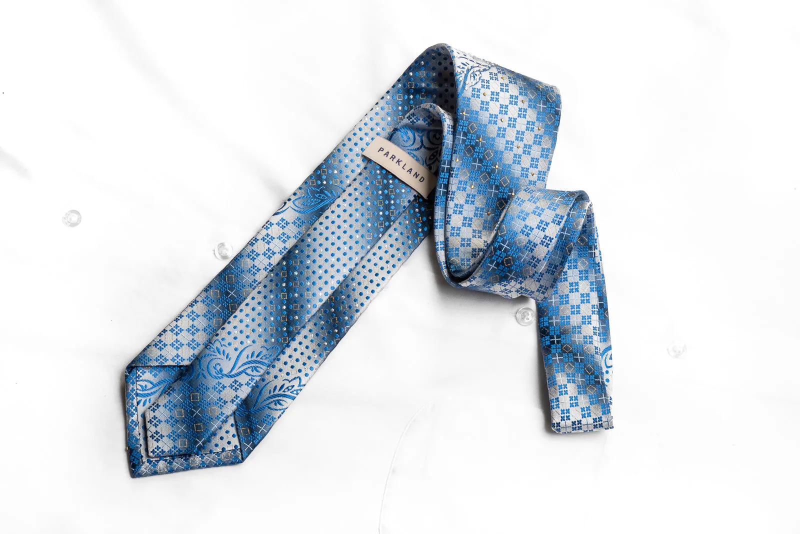 Parkland Men's Rhinestone Necktie Blue Geometric On Silver With Golden Studs