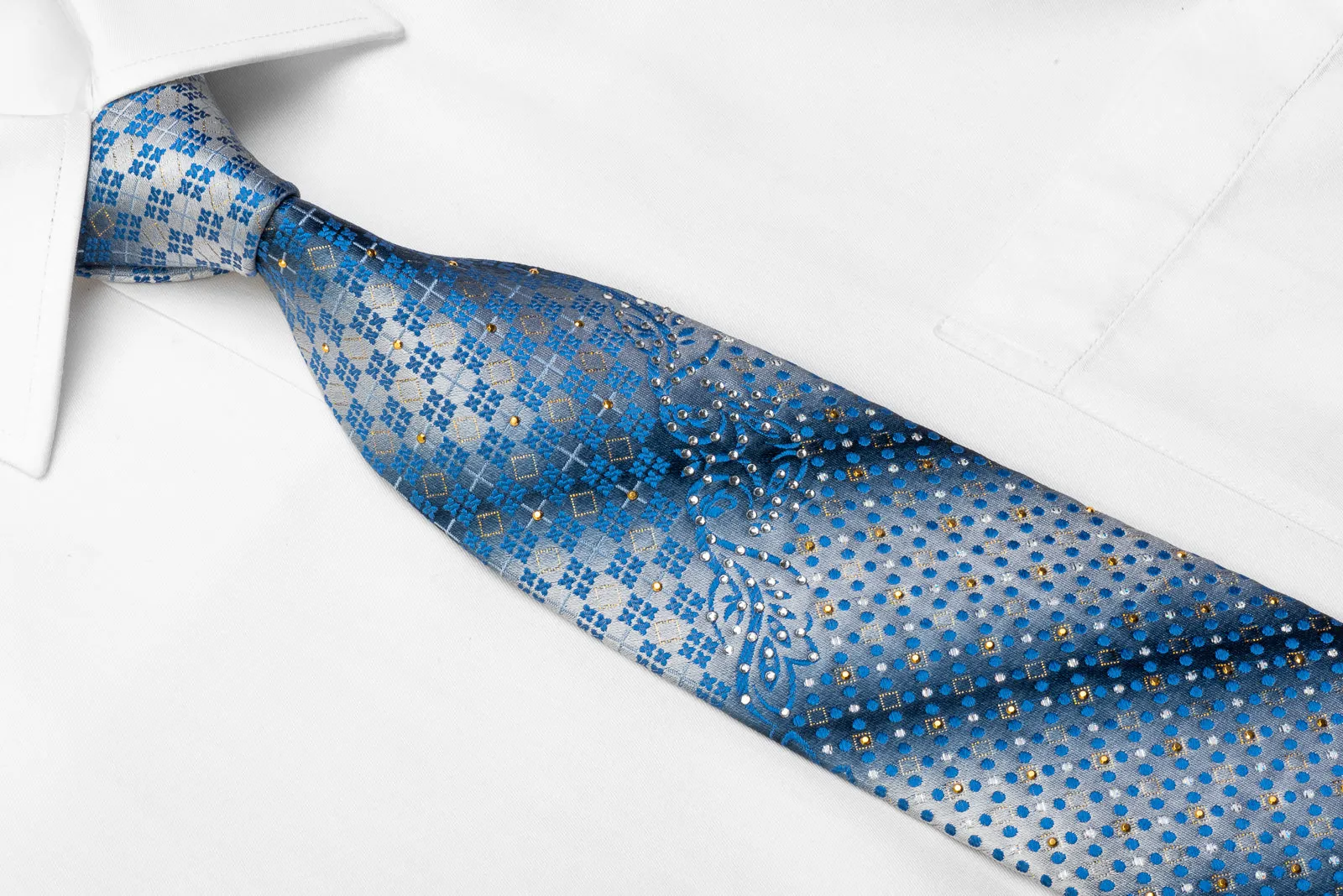 Parkland Men's Rhinestone Necktie Blue Geometric On Silver With Golden Studs