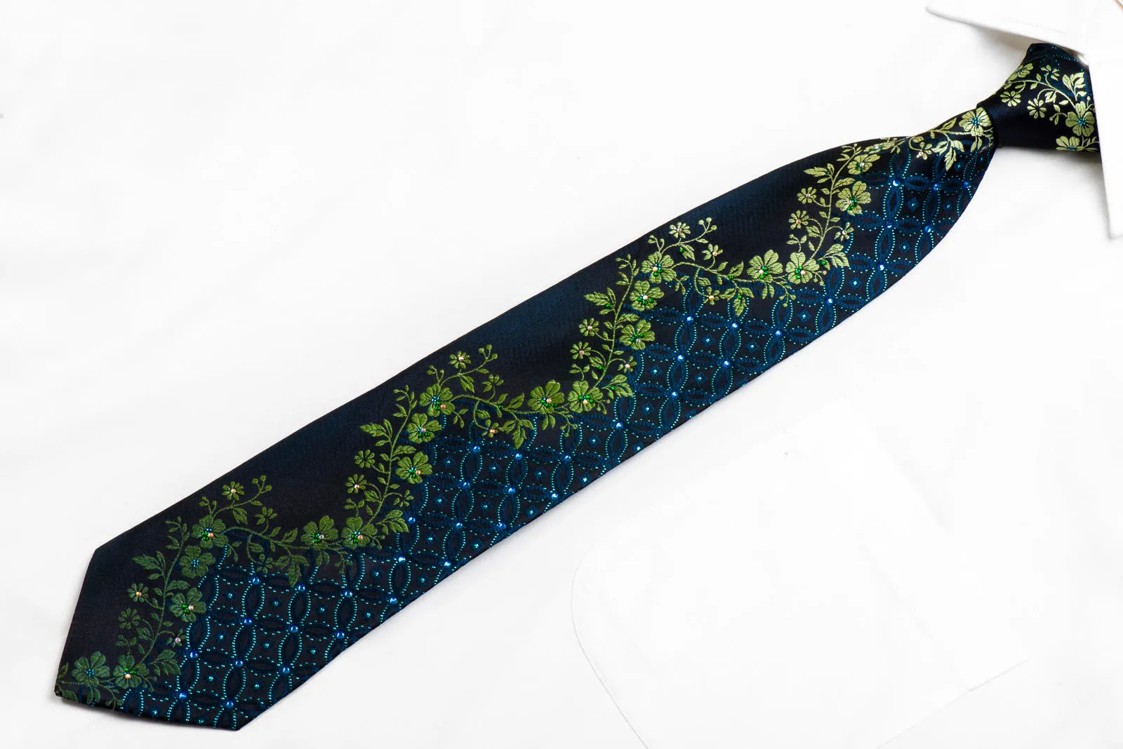 Perry Ellis Crystal Rhinestone Tie Green Floral & Geometric On Navy With Sparkles