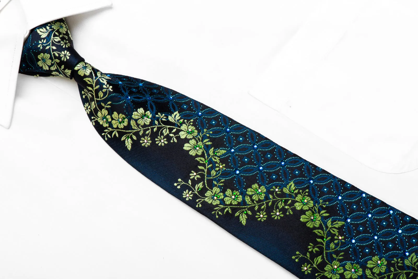 Perry Ellis Crystal Rhinestone Tie Green Floral & Geometric On Navy With Sparkles