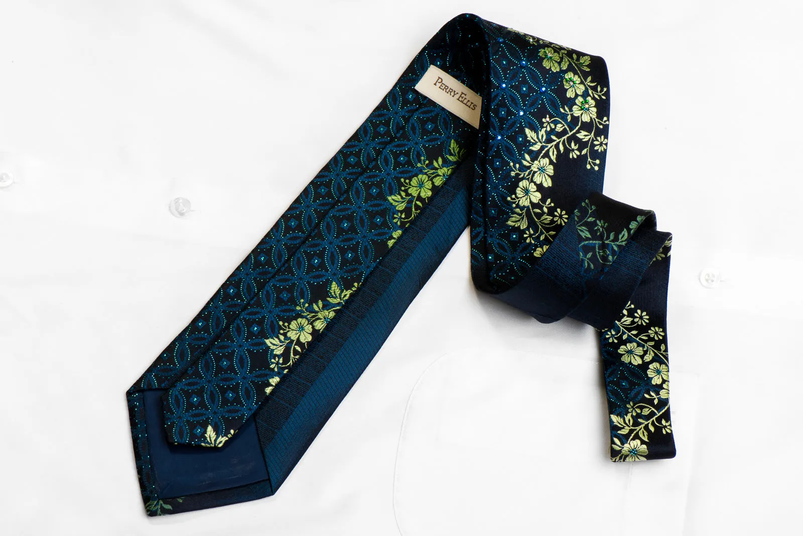 Perry Ellis Crystal Rhinestone Tie Green Floral & Geometric On Navy With Sparkles