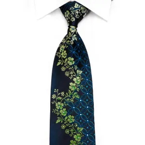 Perry Ellis Crystal Rhinestone Tie Green Floral & Geometric On Navy With Sparkles