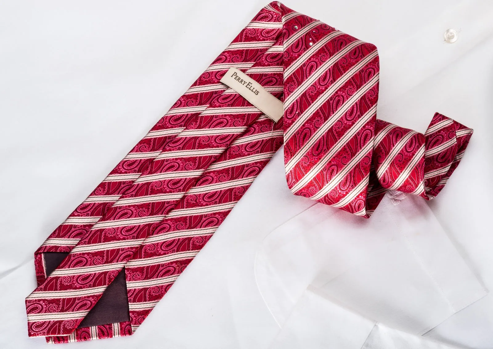 Perry Ellis Rhinestone Silk Necktie Silver Striped On Red Paisley With Silver Sparkles