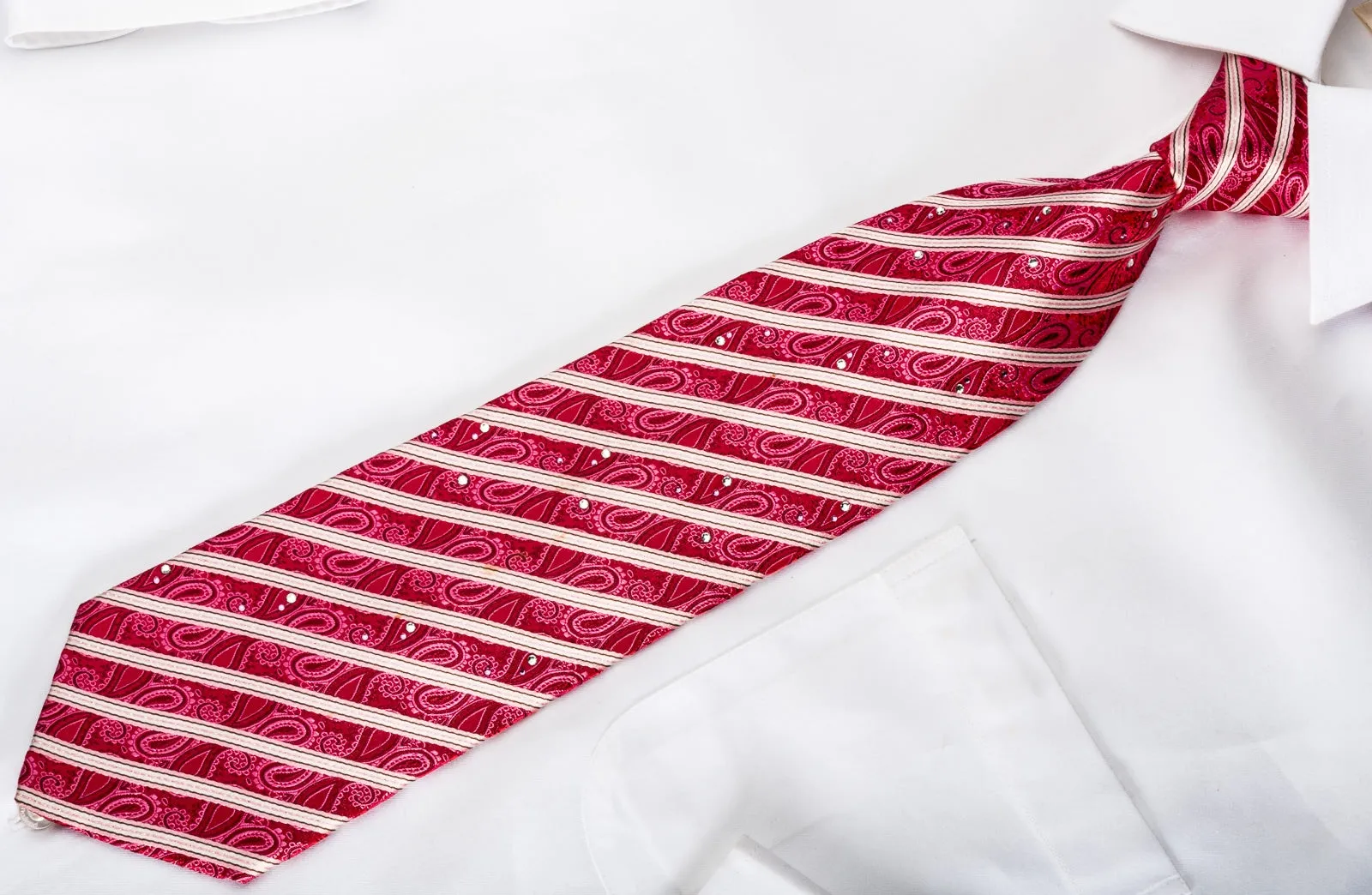 Perry Ellis Rhinestone Silk Necktie Silver Striped On Red Paisley With Silver Sparkles