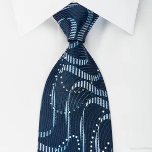 Perry Ellis Rhinestone Silk Necktie Waves On Blue With Silver Sparkles