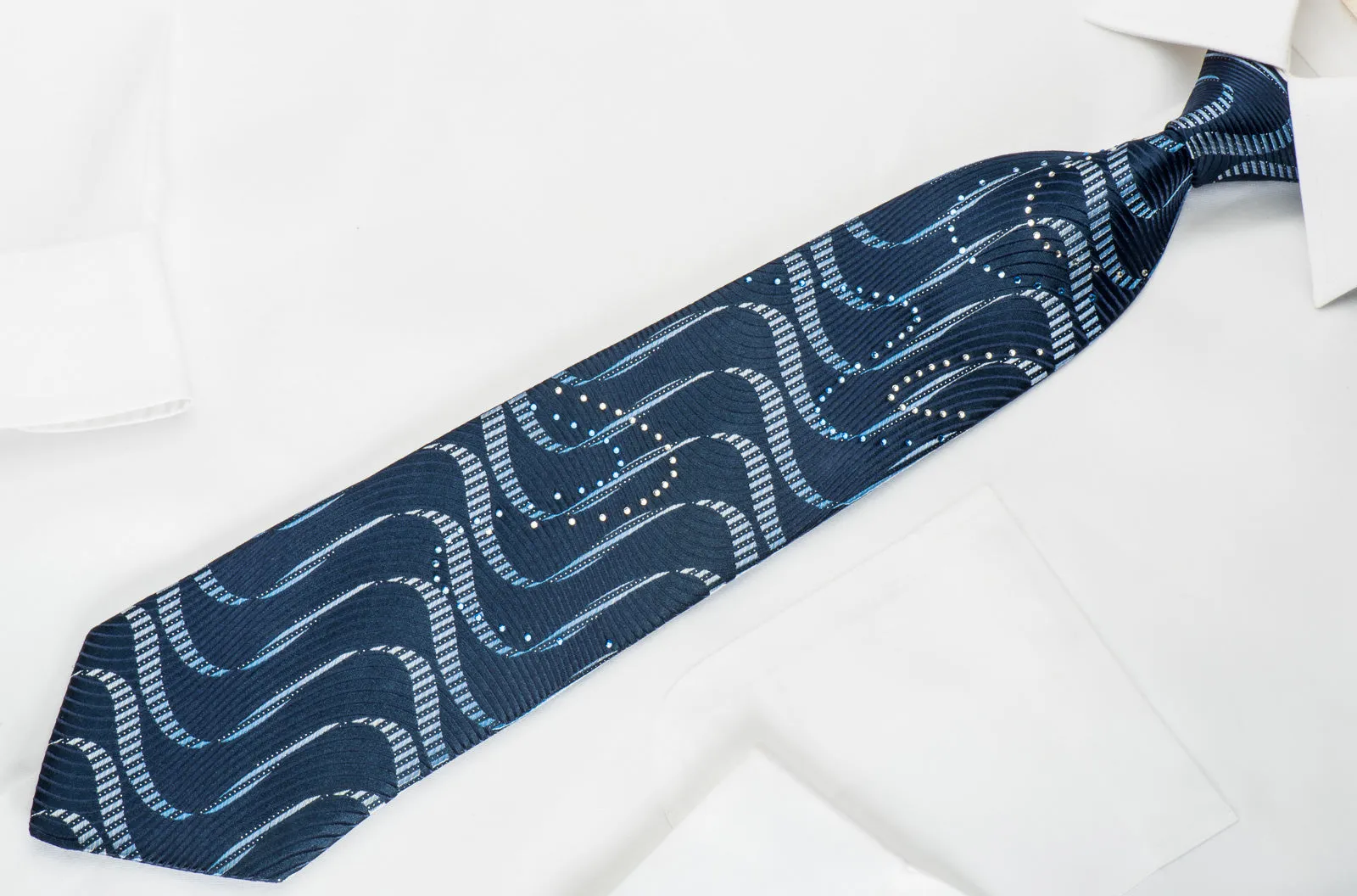 Perry Ellis Rhinestone Silk Necktie Waves On Blue With Silver Sparkles