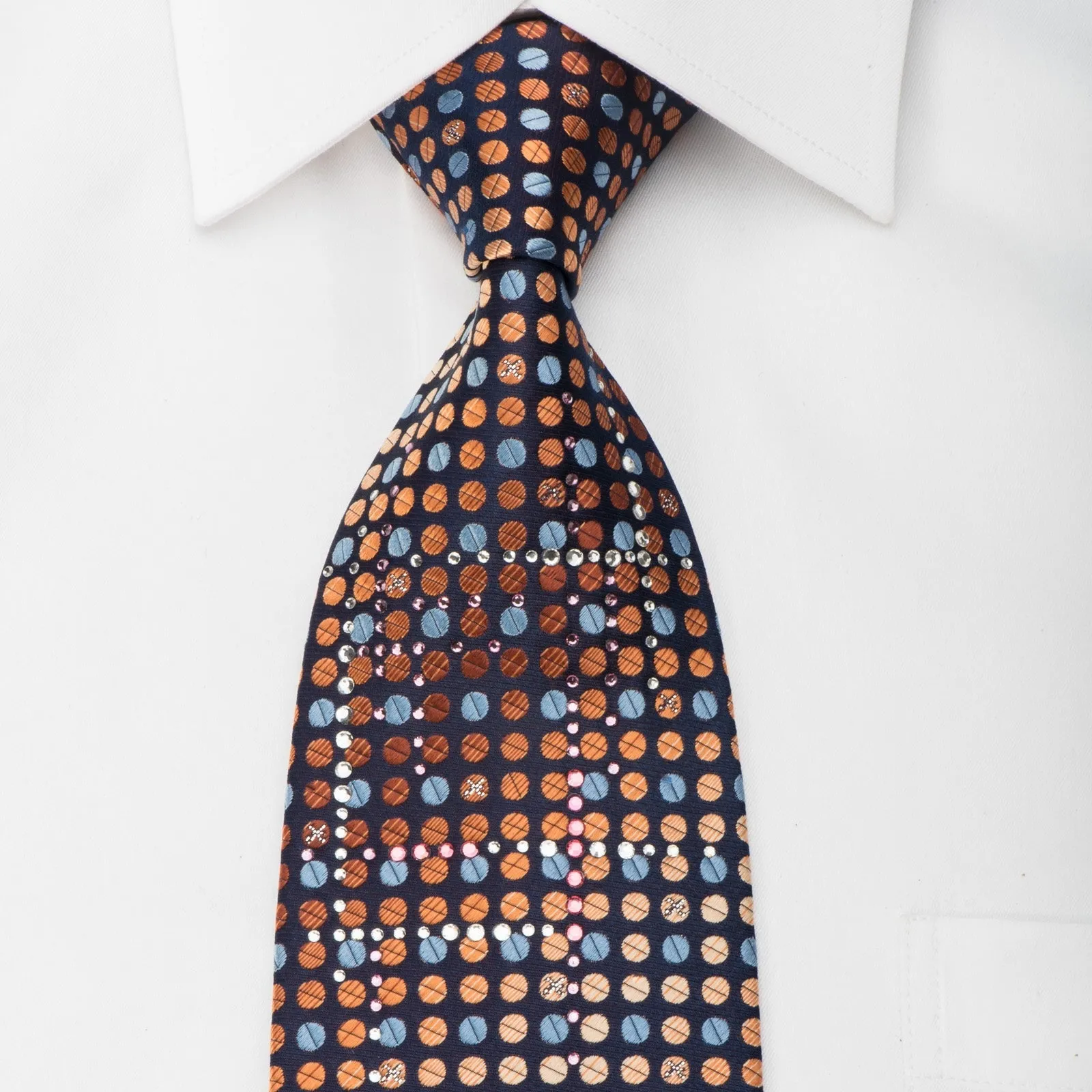 Perry Ellis Rhinestone Tie Blue Orange Dots On Navy With Silver Sparkles