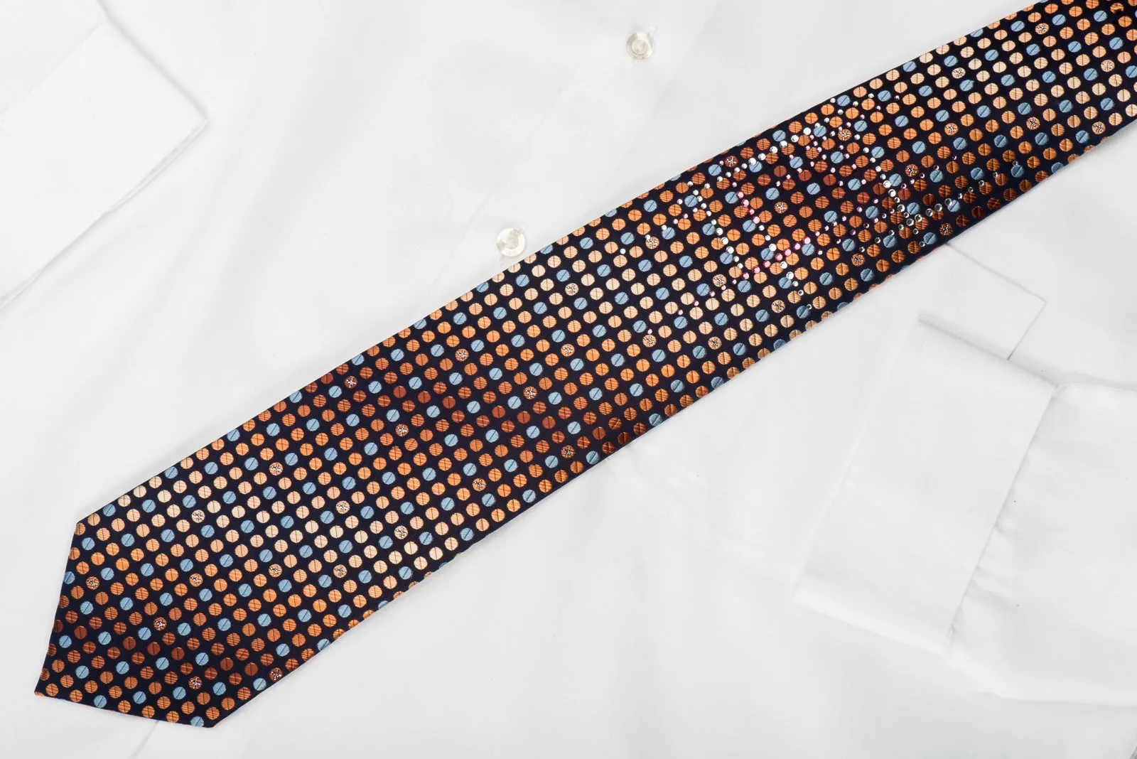 Perry Ellis Rhinestone Tie Blue Orange Dots On Navy With Silver Sparkles