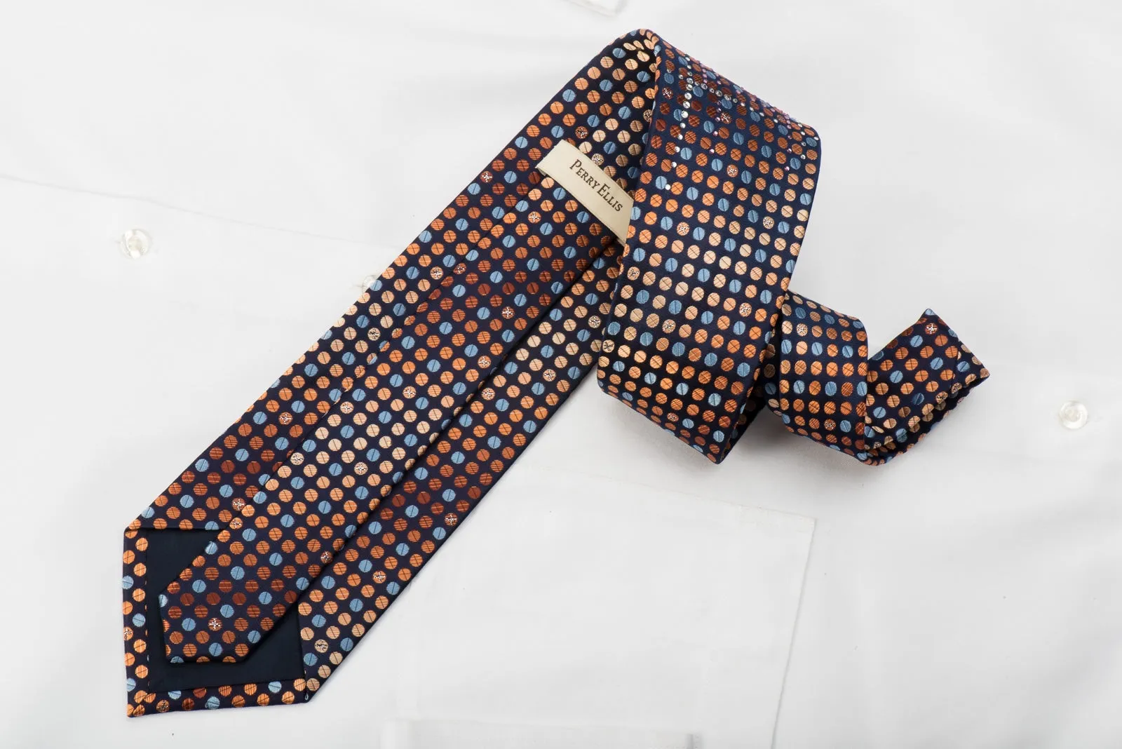 Perry Ellis Rhinestone Tie Blue Orange Dots On Navy With Silver Sparkles