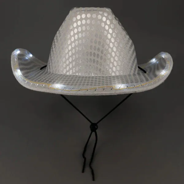 Personalized LED Light Up Flashing White Sequin Cowboy Hat - Pack of 20 Custom Hats