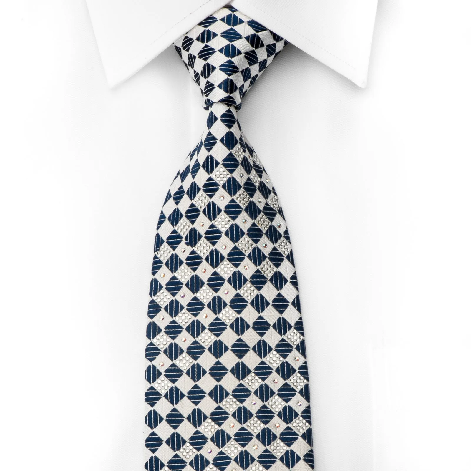 Pierre Cardin Men's Crystal Rhinestone Tie White Blue Checkered Silk With Silver Sparkles