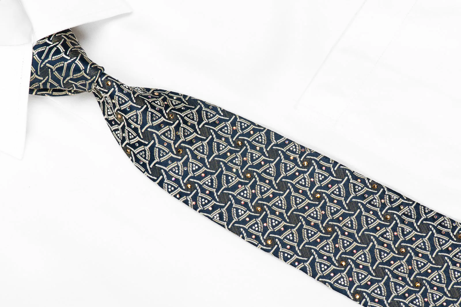 Pierre Cardin Men's Crystal Silk Tie Gold Geometric On Navy With Gold Sparkles