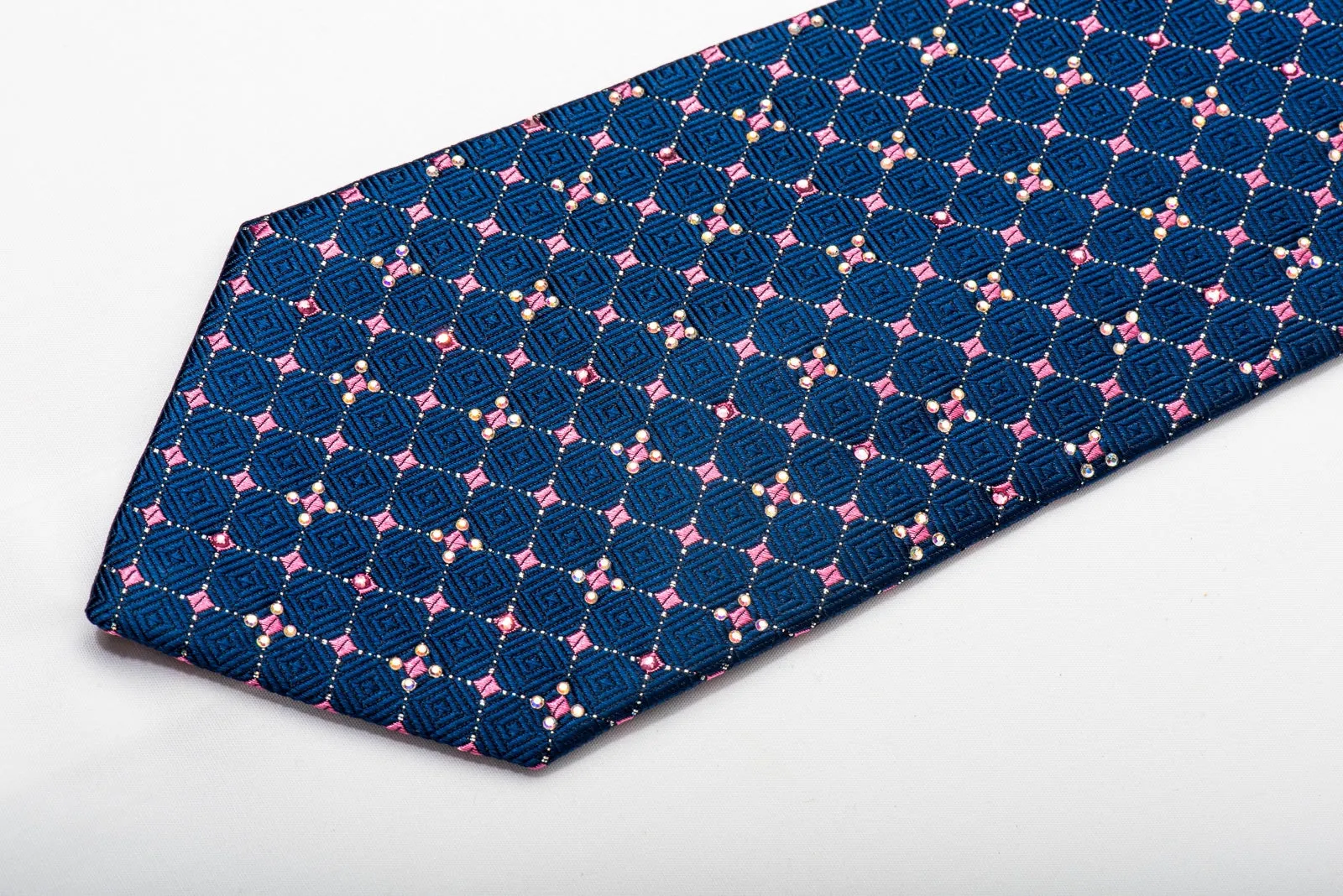 Pierre Cardin Men's Silk Necktie Silver Pink Trellis On Dark Blue Sparkling With Rhinestones