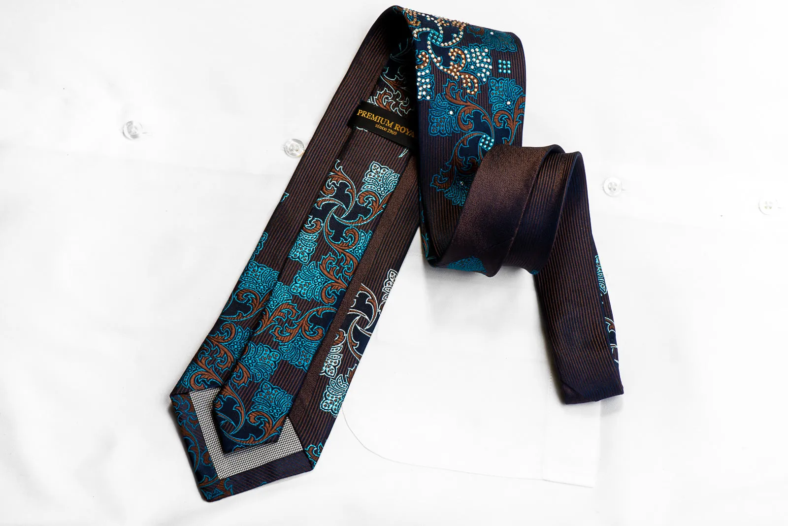 Premium Royal Rhinestone Silk Tie Brown Blue Anthemion Floral On Navy Blue