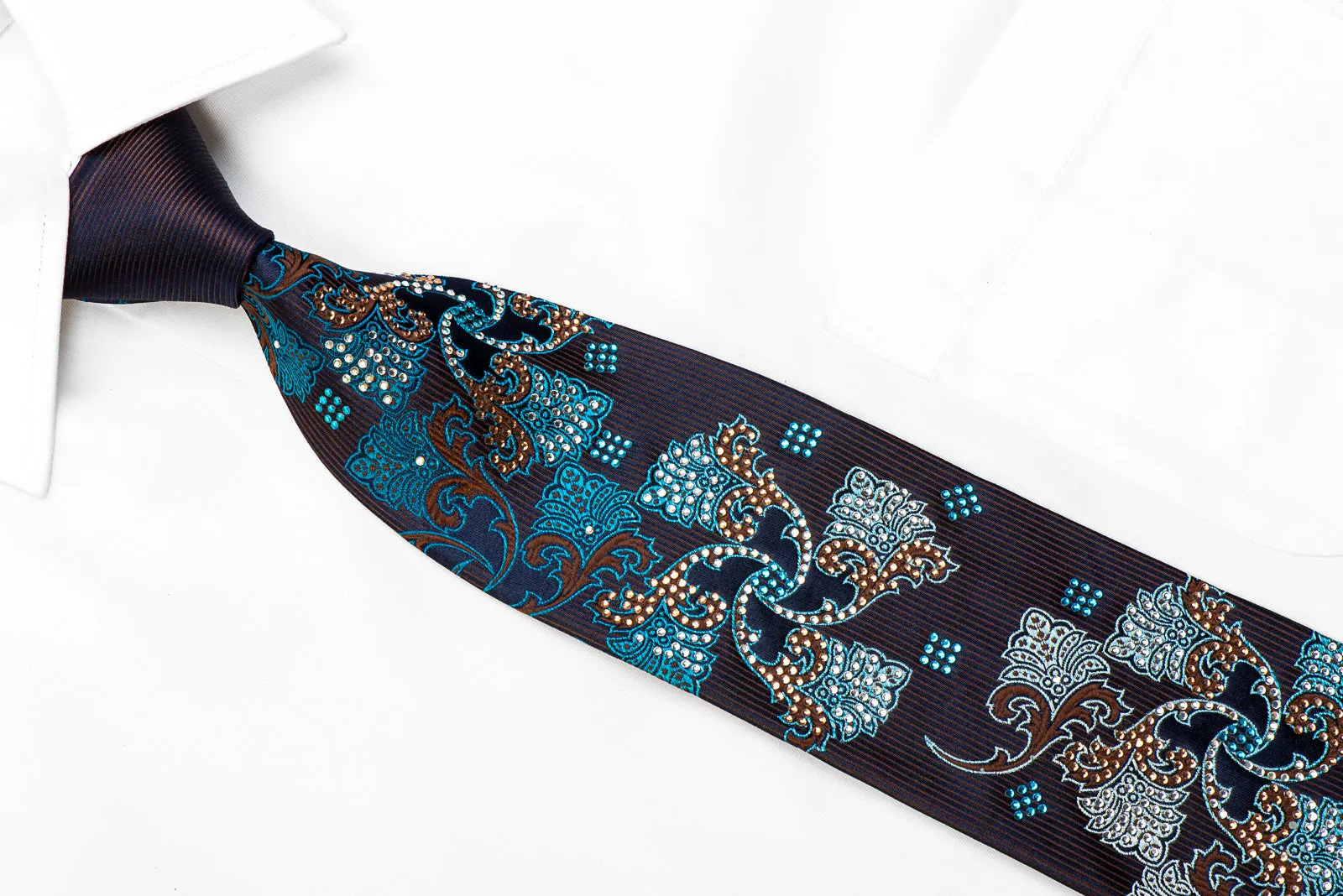 Premium Royal Rhinestone Silk Tie Brown Blue Anthemion Floral On Navy Blue