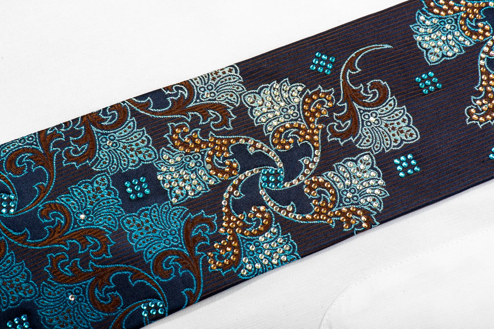 Premium Royal Rhinestone Silk Tie Brown Blue Anthemion Floral On Navy Blue