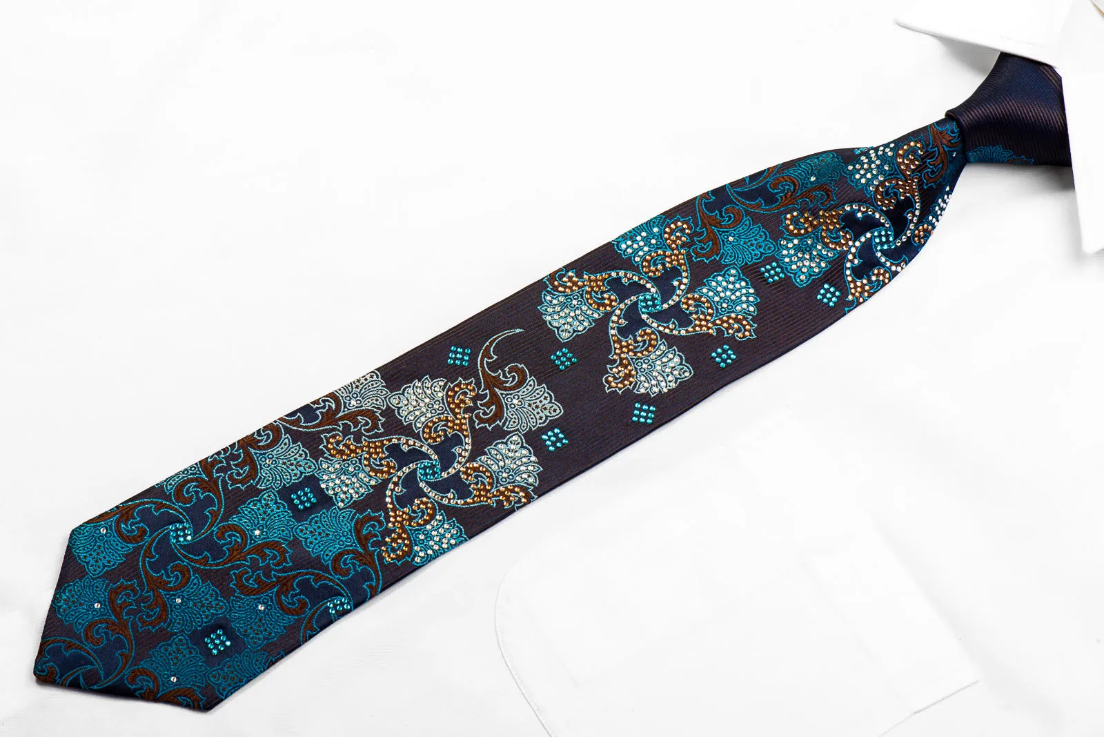 Premium Royal Rhinestone Silk Tie Brown Blue Anthemion Floral On Navy Blue