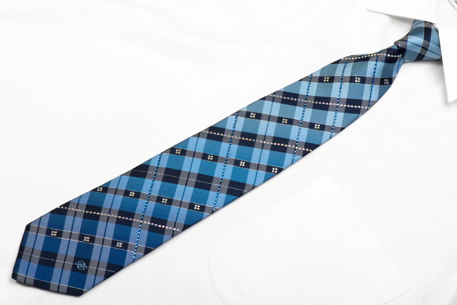 Renoma Blue Plaid Rhinestone Silk Tie With Silver Sparkles