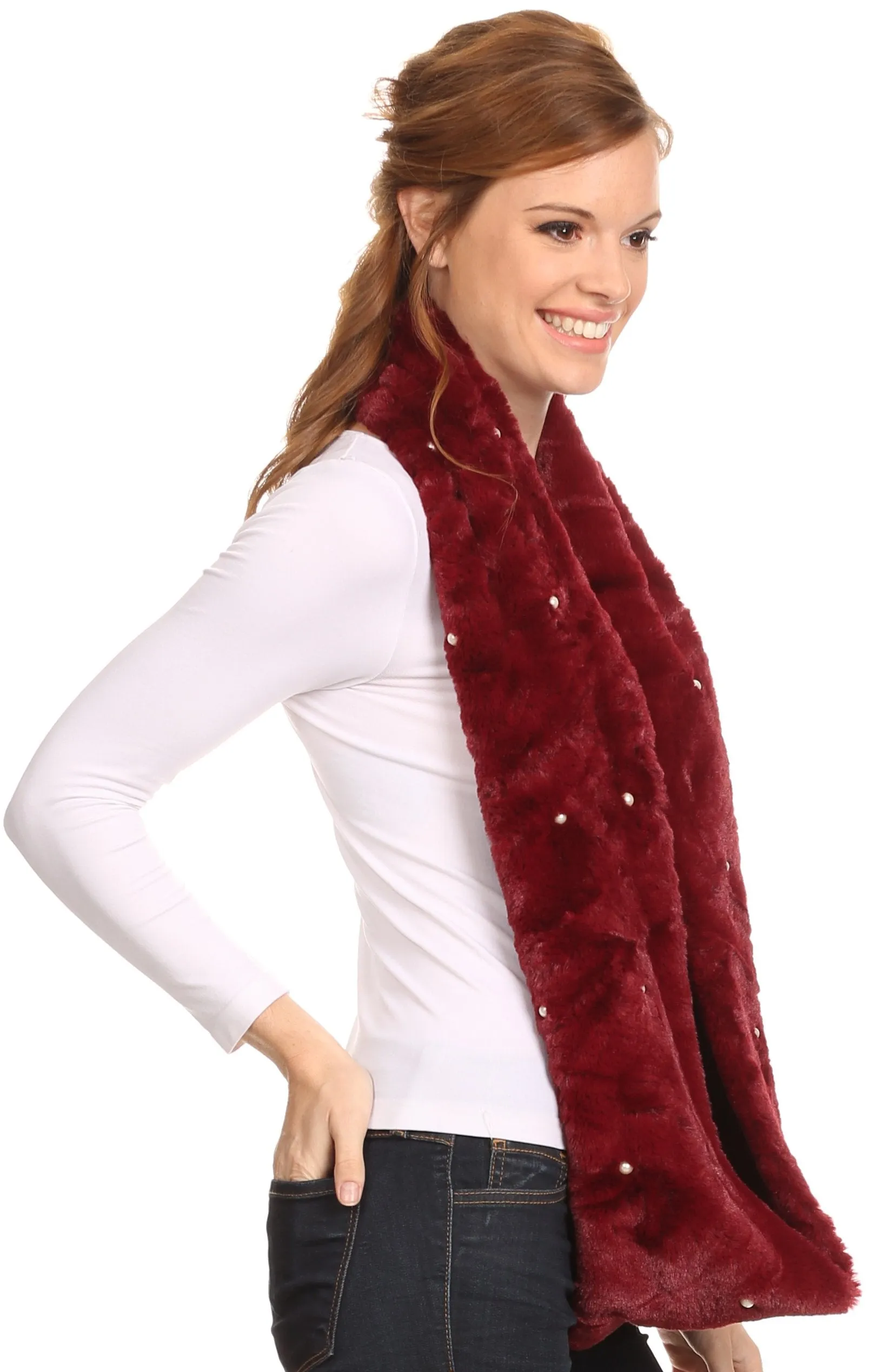 Sakkas Sabby Long Thin Faux Fur Pearl Embellishment Warm Soft Infinity Scarf