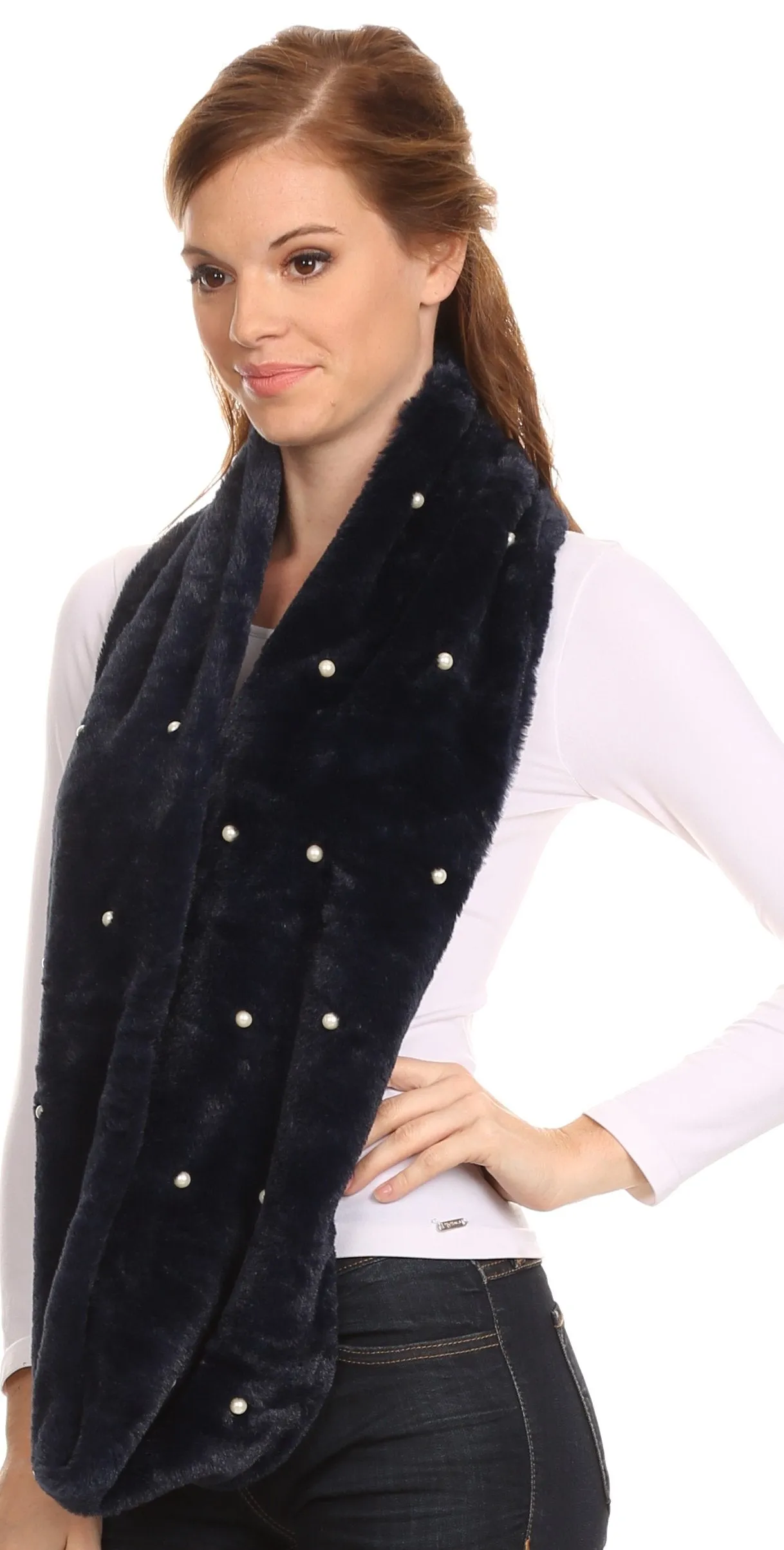 Sakkas Sabby Long Thin Faux Fur Pearl Embellishment Warm Soft Infinity Scarf