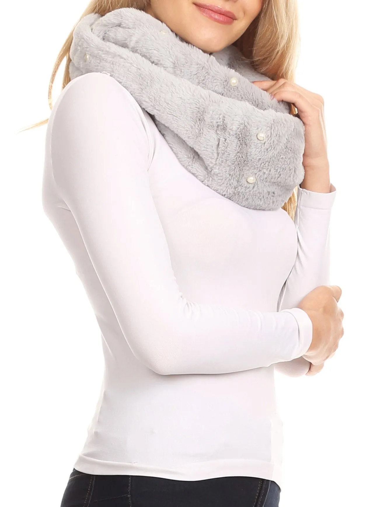 Sakkas Sabby Long Thin Faux Fur Pearl Embellishment Warm Soft Infinity Scarf