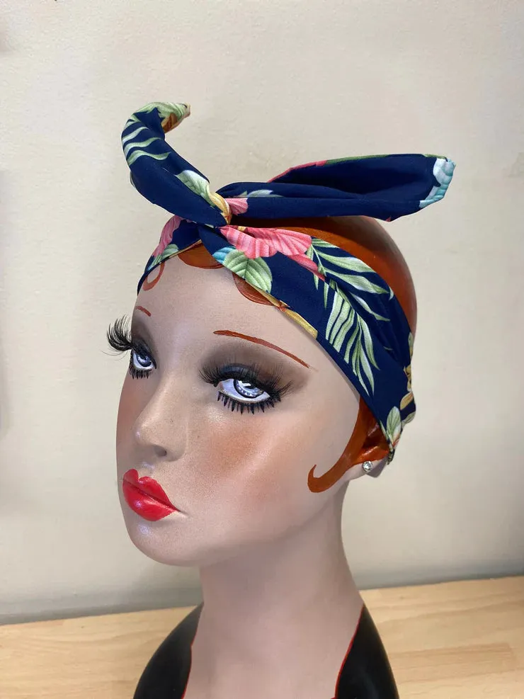 Twist & Go Wired Headband (No Tying Fiddly Knots or Bows) 1950s Rockabilly / 1940s Landgirl Style. In Navy Honolulu Print by RocknRomance