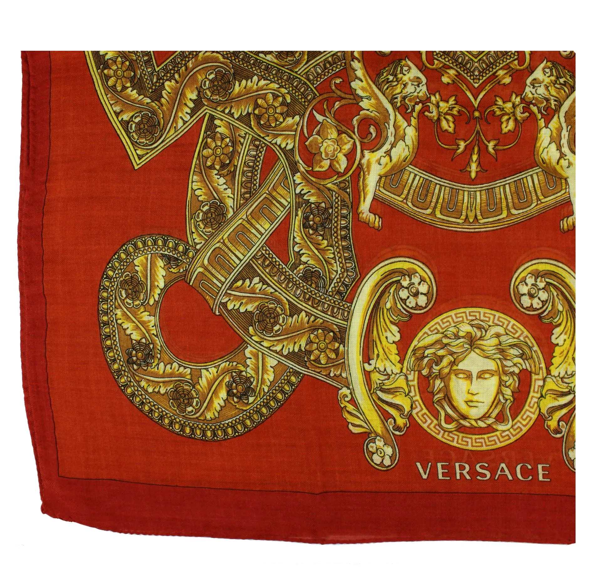 Versace Scarf Orange Gold Signature Baroque & Medusa  - Wool Silk Shawl FINAL SALE