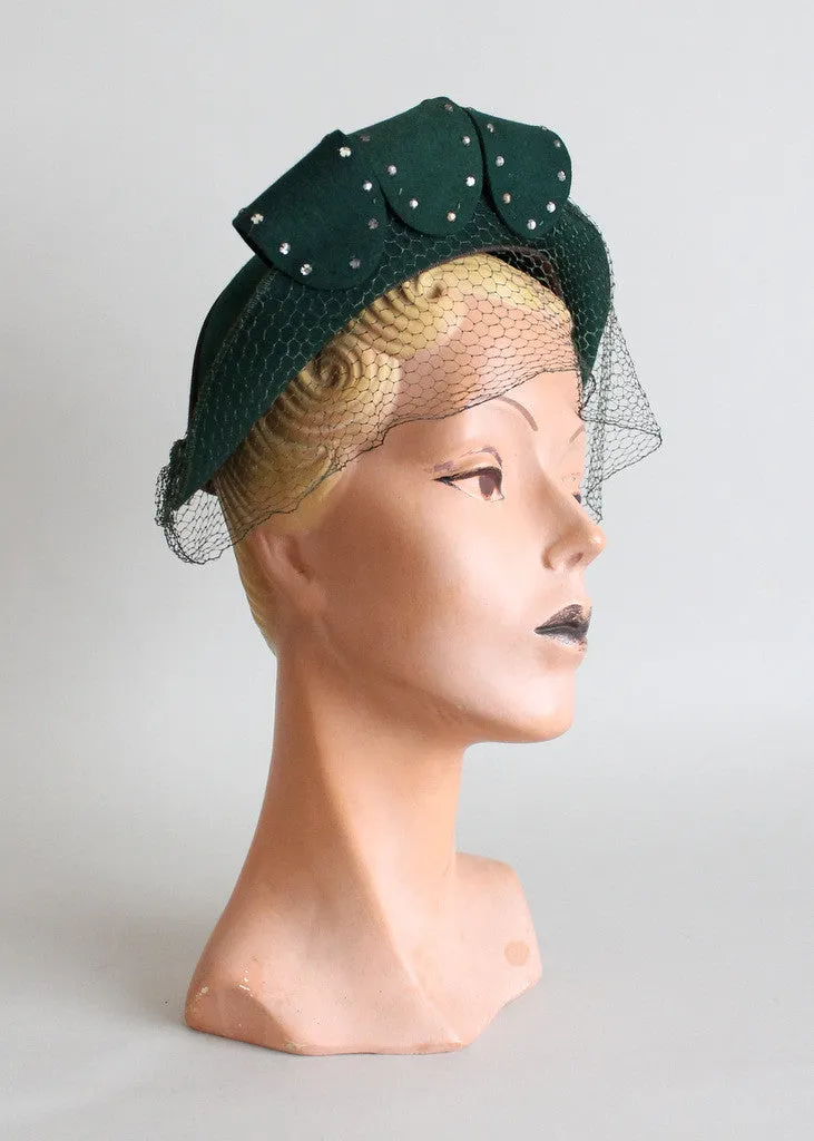 Vintage 1940s Green Rhinestone Loops Veiled Hat