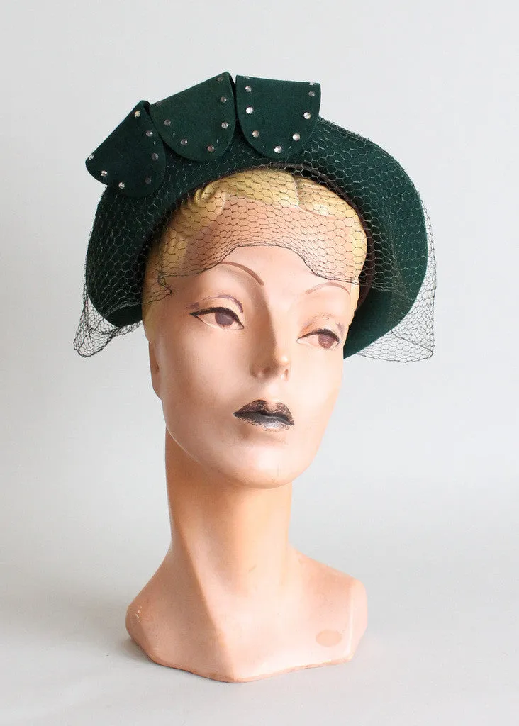 Vintage 1940s Green Rhinestone Loops Veiled Hat