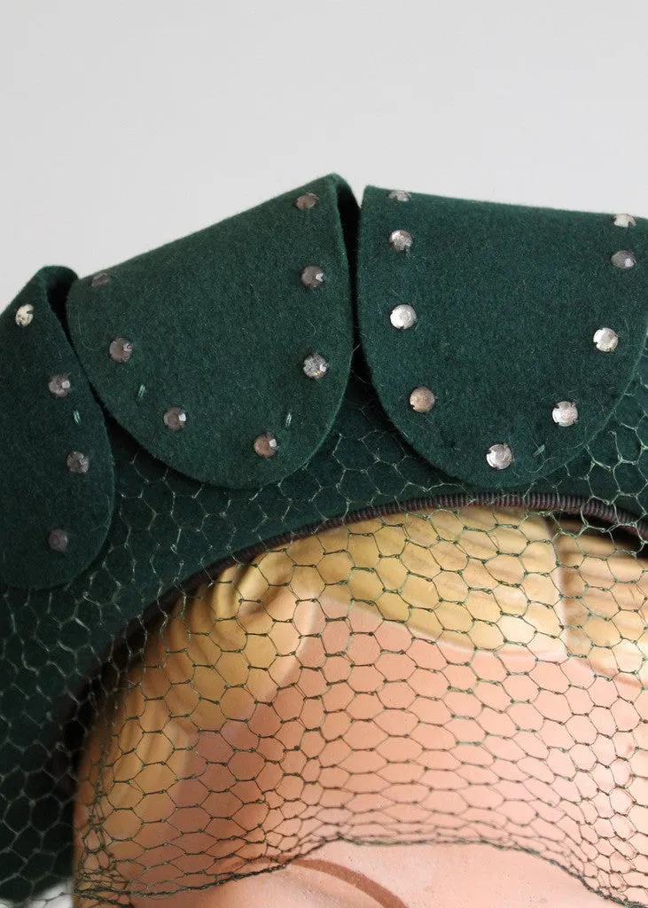 Vintage 1940s Green Rhinestone Loops Veiled Hat